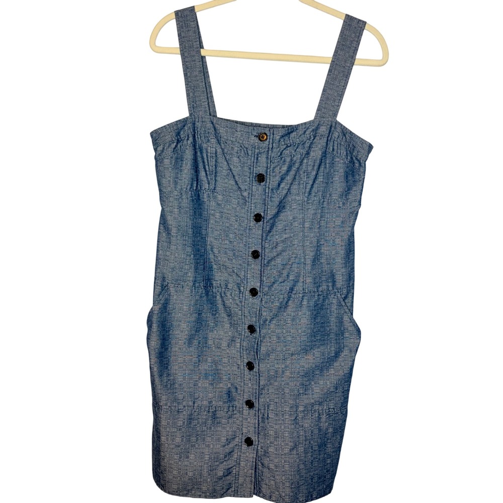 Derek Lam Dress 12 Coastal Blue Button Front Organic Cotton Pockets Sheath